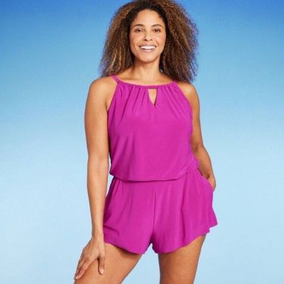 Women's UPF 50 High Neck Swim Romper with Pockets One Piece Swimsuit - Picture 2 of 6